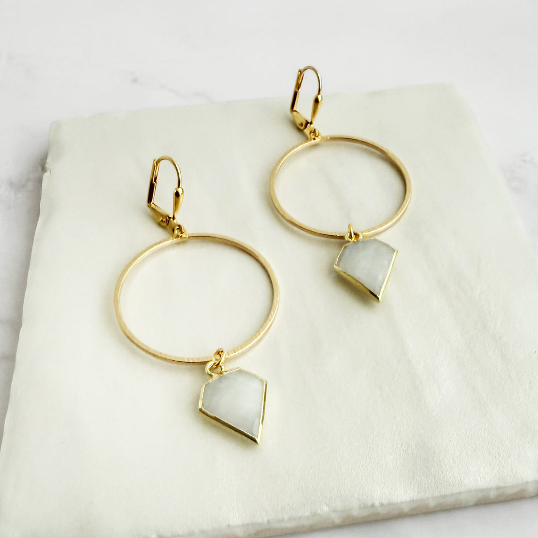 Moonstone Shield Hoop Earrings in Brushed Gold