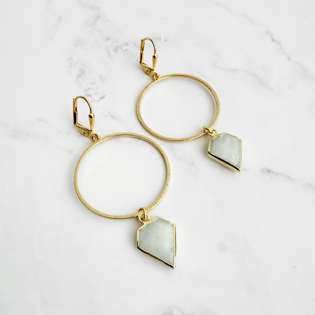 Moonstone Shield Hoop Earrings in Brushed Gold