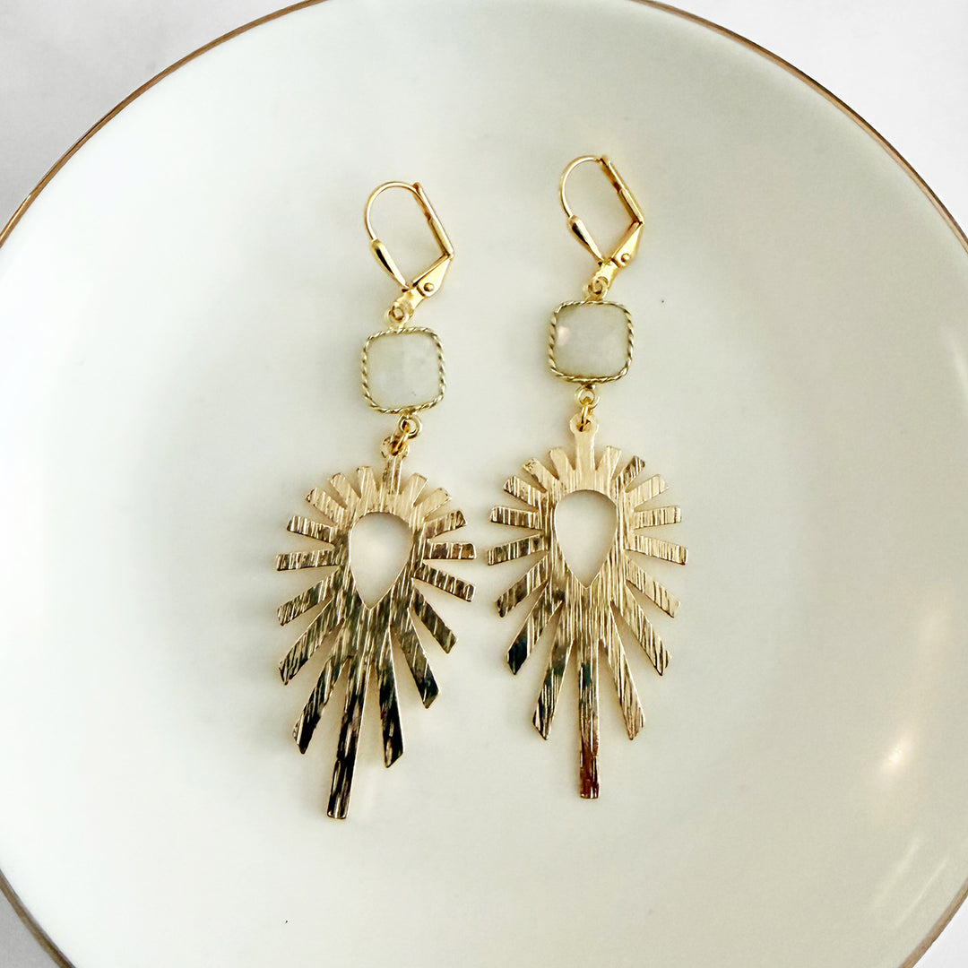 Moonstone Sunburst Statement Earrings in Brushed Gold