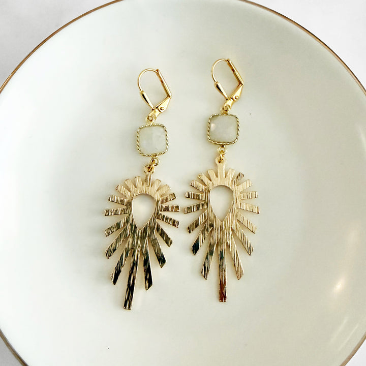 Moonstone Sunburst Statement Earrings in Brushed Gold