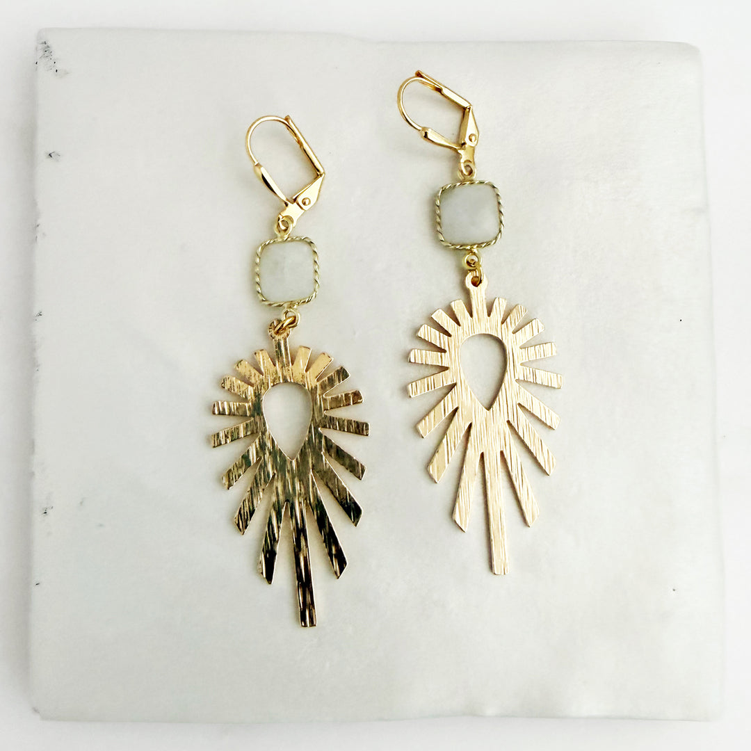 Moonstone Sunburst Statement Earrings in Brushed Gold