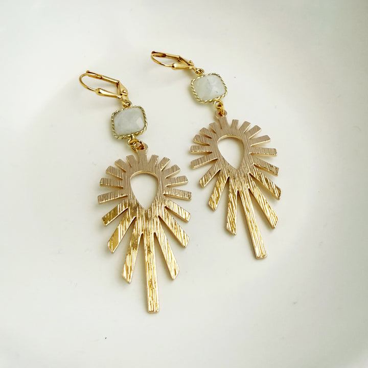 Moonstone Sunburst Statement Earrings in Brushed Gold