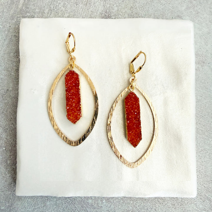 Orange Druzy Marquise Statement Earrings in Brushed Gold