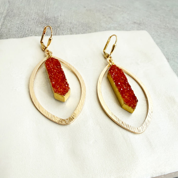 Orange Druzy Marquise Statement Earrings in Brushed Gold