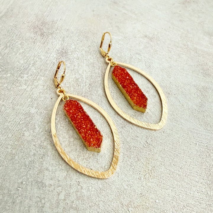 Orange Druzy Marquise Statement Earrings in Brushed Gold