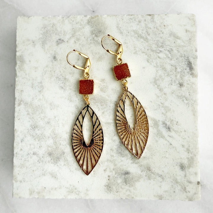 Orange Druzy Sunbeam Marquise Earrings in Brushed Gold