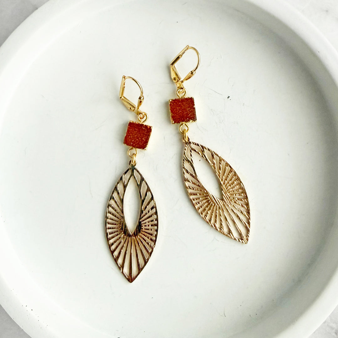 Orange Druzy Sunbeam Marquise Earrings in Brushed Gold