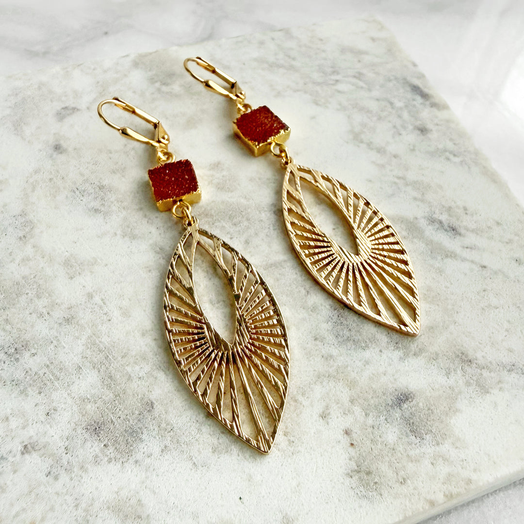 Orange Druzy Sunbeam Marquise Earrings in Brushed Gold