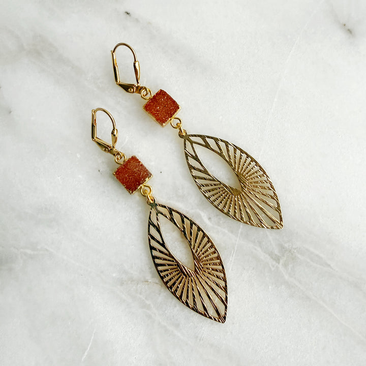 Orange Druzy Sunbeam Marquise Earrings in Brushed Gold