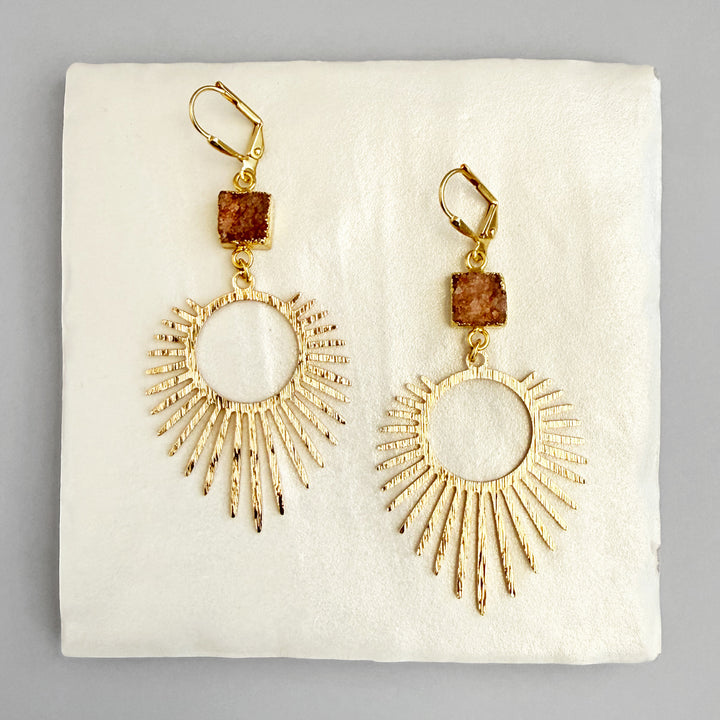 Orange Druzy Sunburst Statement Earrings in Brushed Gold