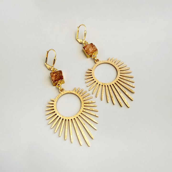 Orange Druzy Sunburst Statement Earrings in Brushed Gold