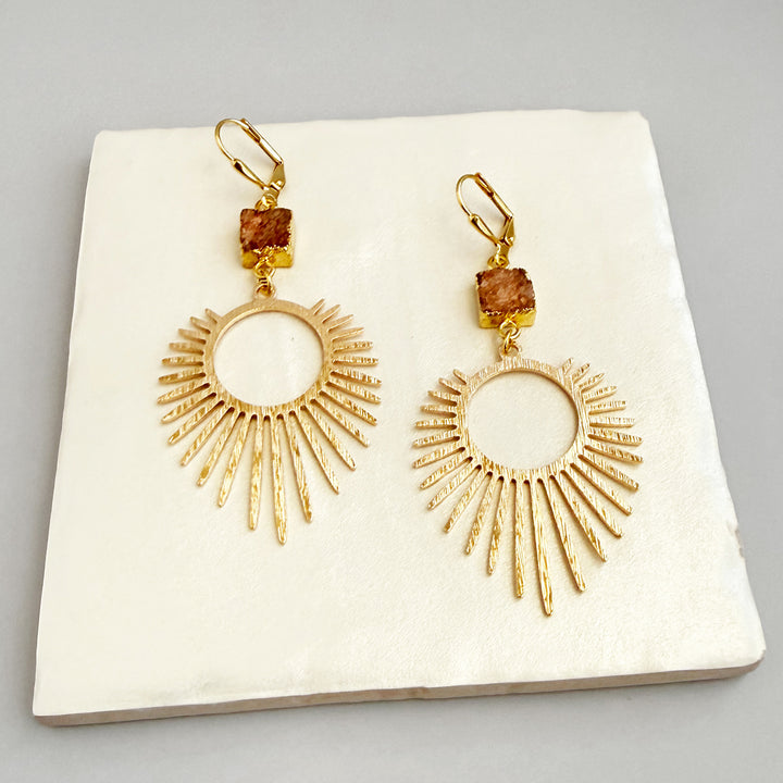 Orange Druzy Sunburst Statement Earrings in Brushed Gold