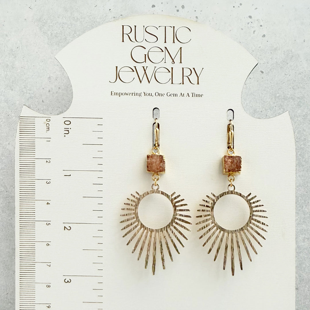 Orange Druzy Sunburst Statement Earrings in Brushed Gold