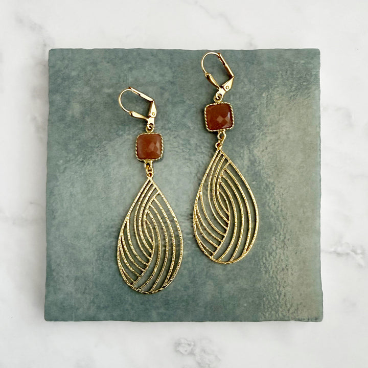 Peach Moonstone Swirl Teardrop Earrings in Brushed Gold
