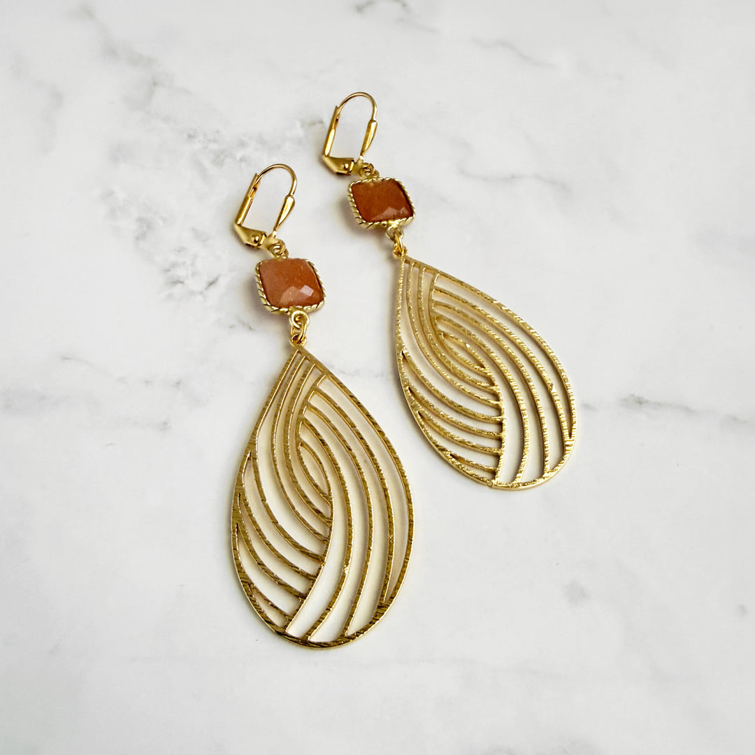 Peach Moonstone Swirl Teardrop Earrings in Brushed Gold