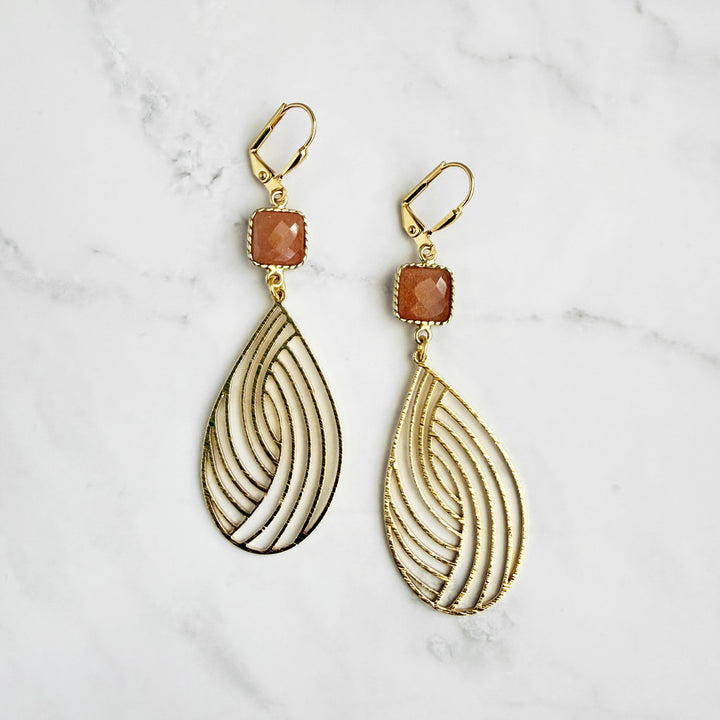 Peach Moonstone Swirl Teardrop Earrings in Brushed Gold