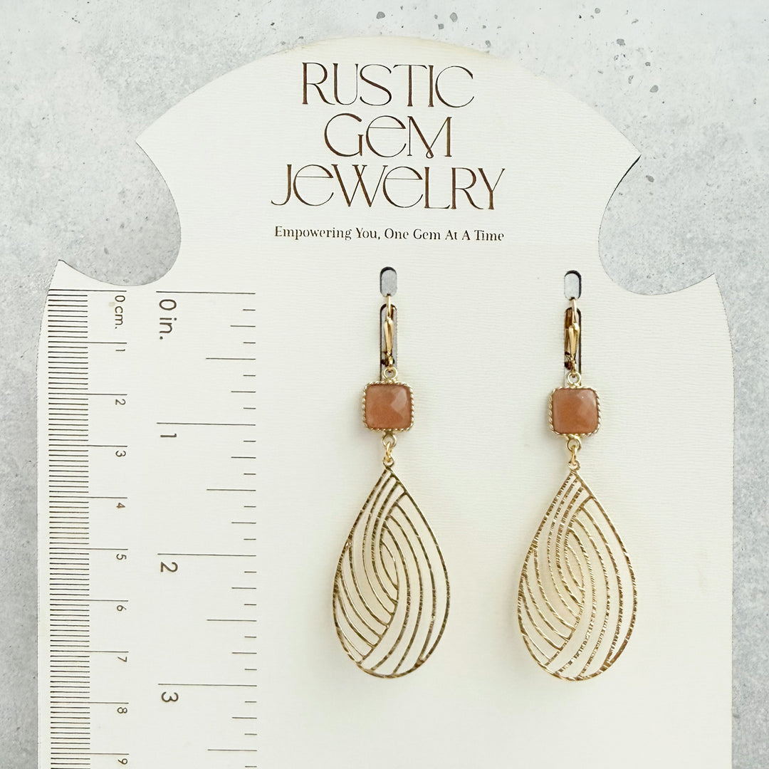 Peach Moonstone Swirl Teardrop Earrings in Brushed Gold