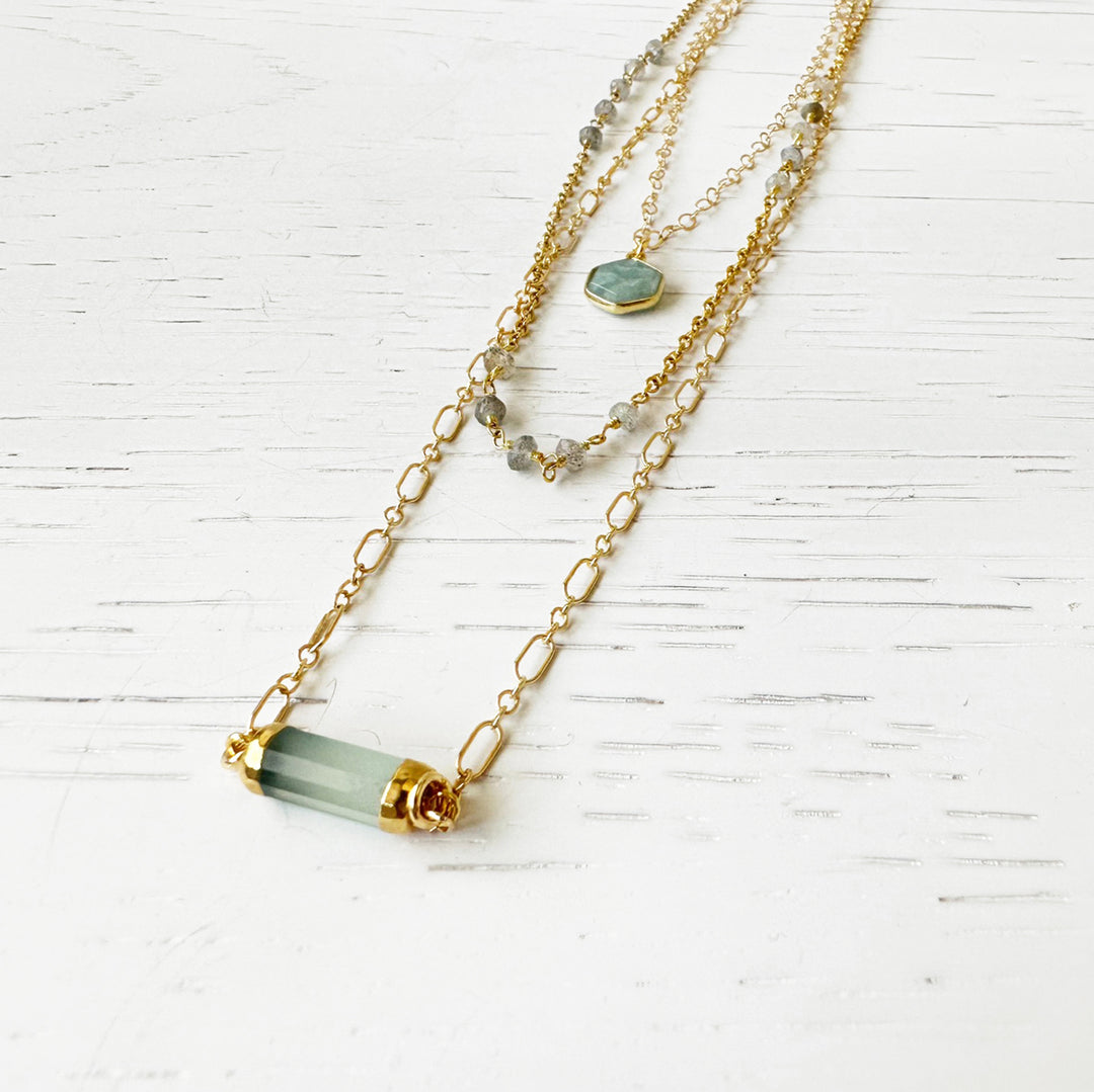 Multi Strand Aqua Chalcedony and Labradorite Necklace Set in Gold