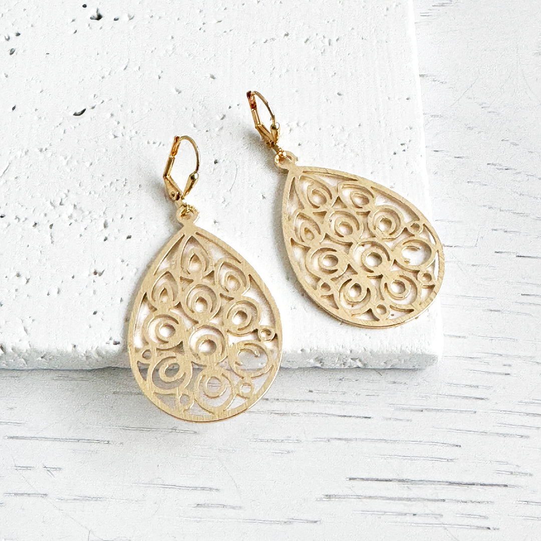Ornate Teardrop Dangle Earrings in Brushed Brass Gold