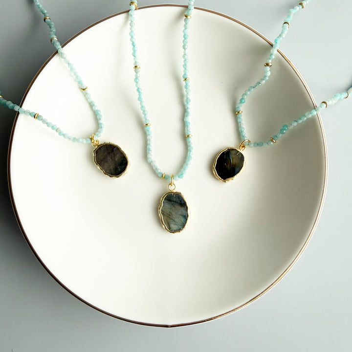 Amazonite Beaded Necklace with Labradorite Stone Pendant in Gold