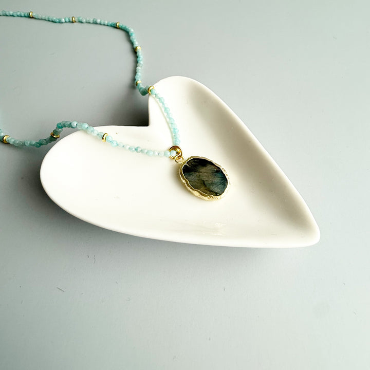 Amazonite Beaded Necklace with Labradorite Stone Pendant in Gold