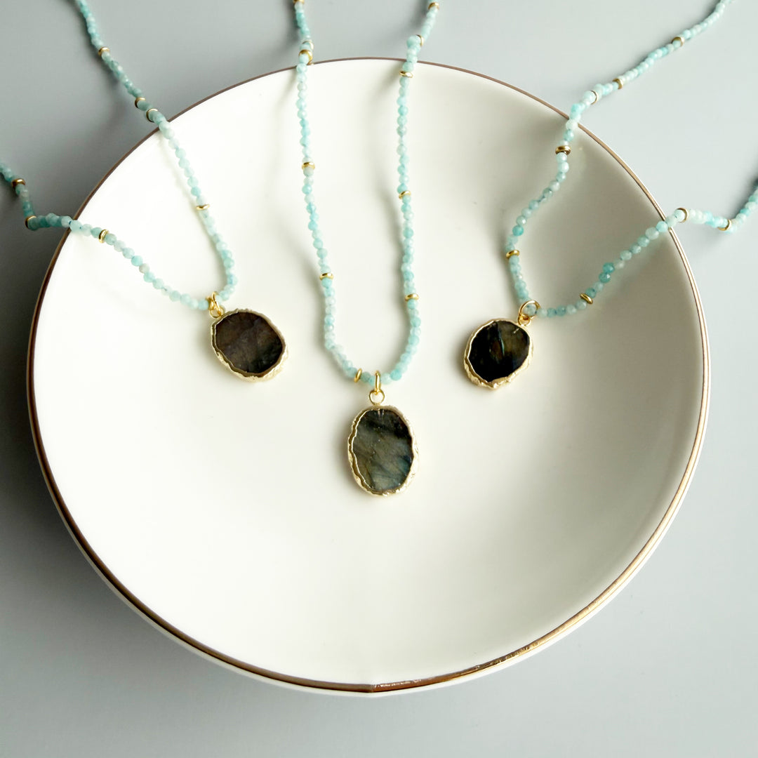 Amazonite Beaded Necklace with Labradorite Stone Pendant in Gold