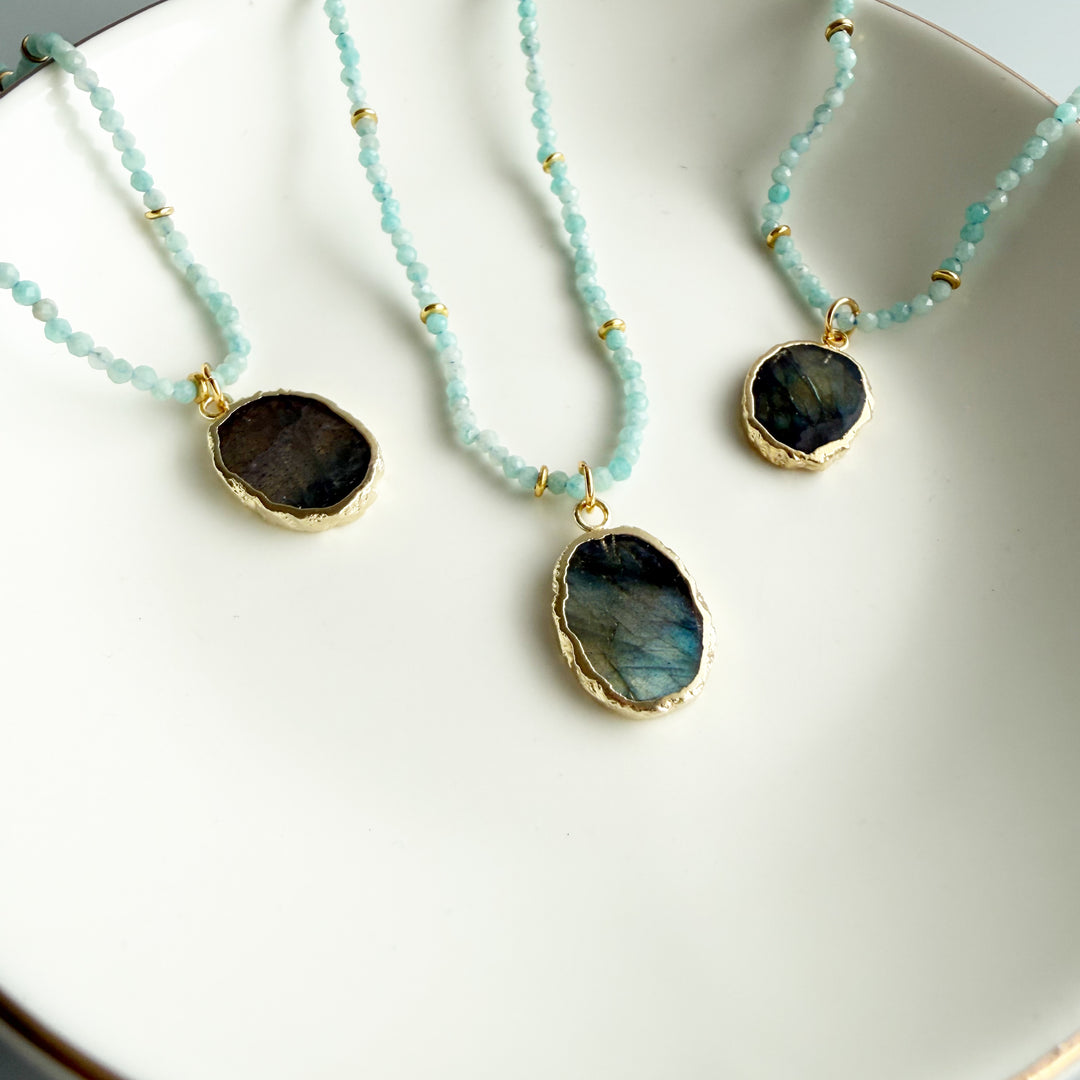 Amazonite Beaded Necklace with Labradorite Stone Pendant in Gold