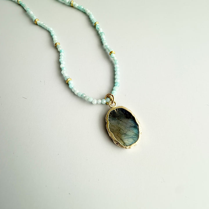 Amazonite Beaded Necklace with Labradorite Stone Pendant in Gold