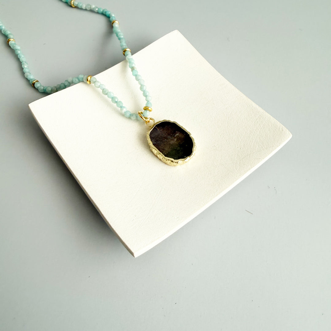 Amazonite Beaded Necklace with Labradorite Stone Pendant in Gold