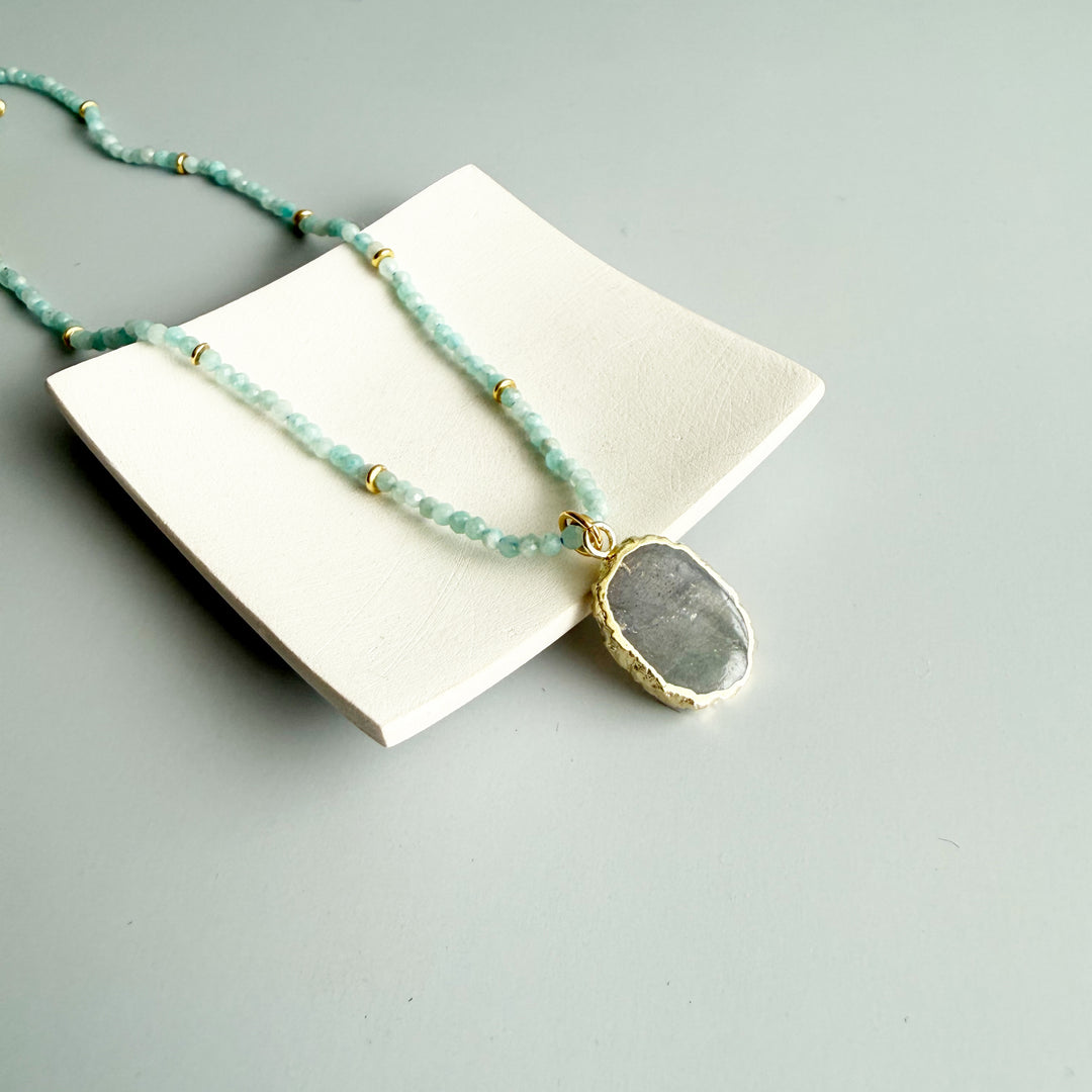 Amazonite Beaded Necklace with Labradorite Stone Pendant in Gold