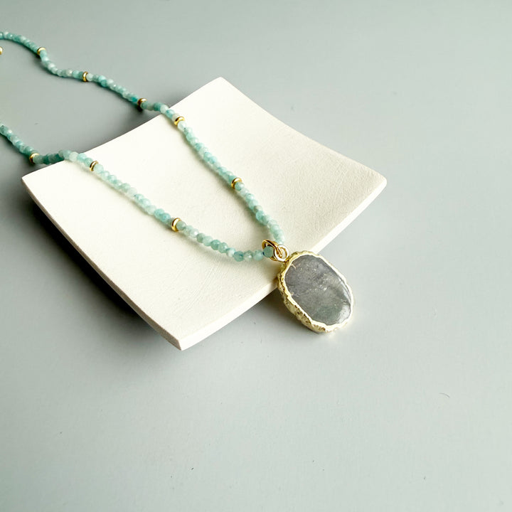 Amazonite Beaded Necklace with Labradorite Stone Pendant in Gold