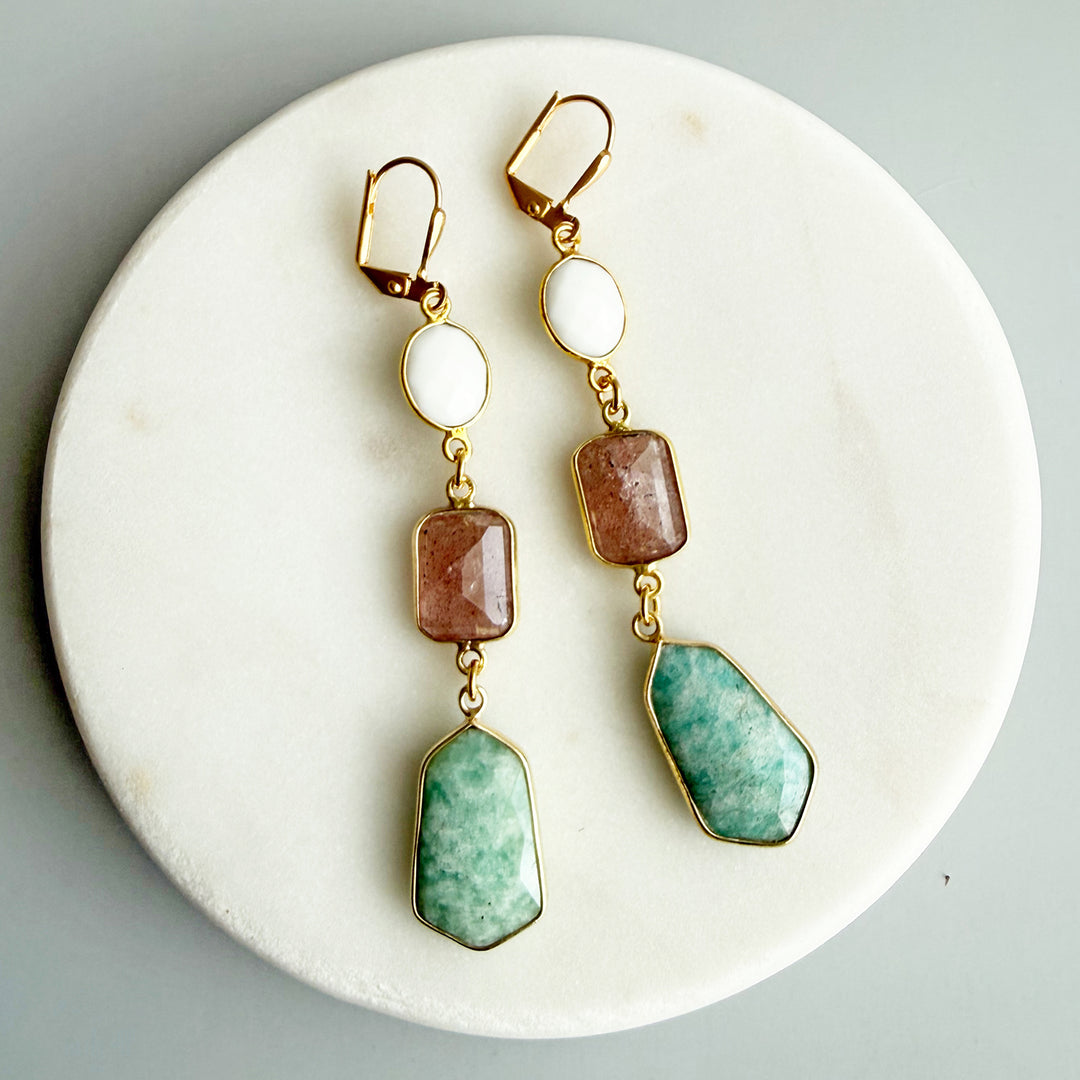 Amazonite, Strawberry Quartz & White Agate Gemstone Drop Earrings in Gold