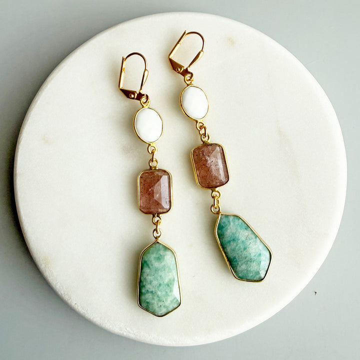Amazonite, Strawberry Quartz & White Agate Gemstone Drop Earrings in Gold