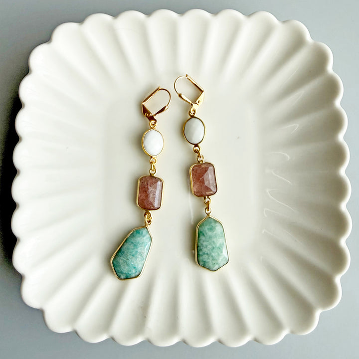 Amazonite, Strawberry Quartz & White Agate Gemstone Drop Earrings in Gold