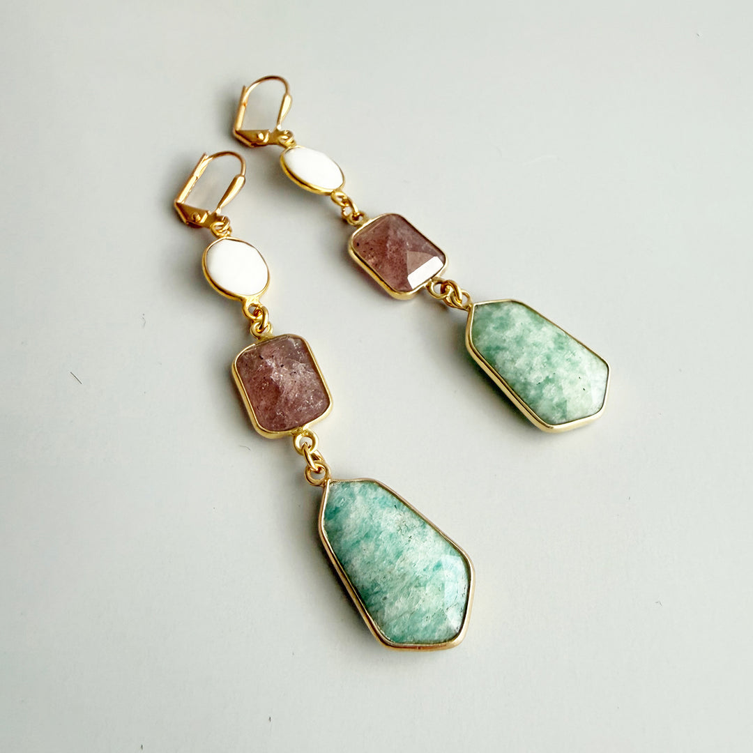 Amazonite, Strawberry Quartz & White Agate Gemstone Drop Earrings in Gold