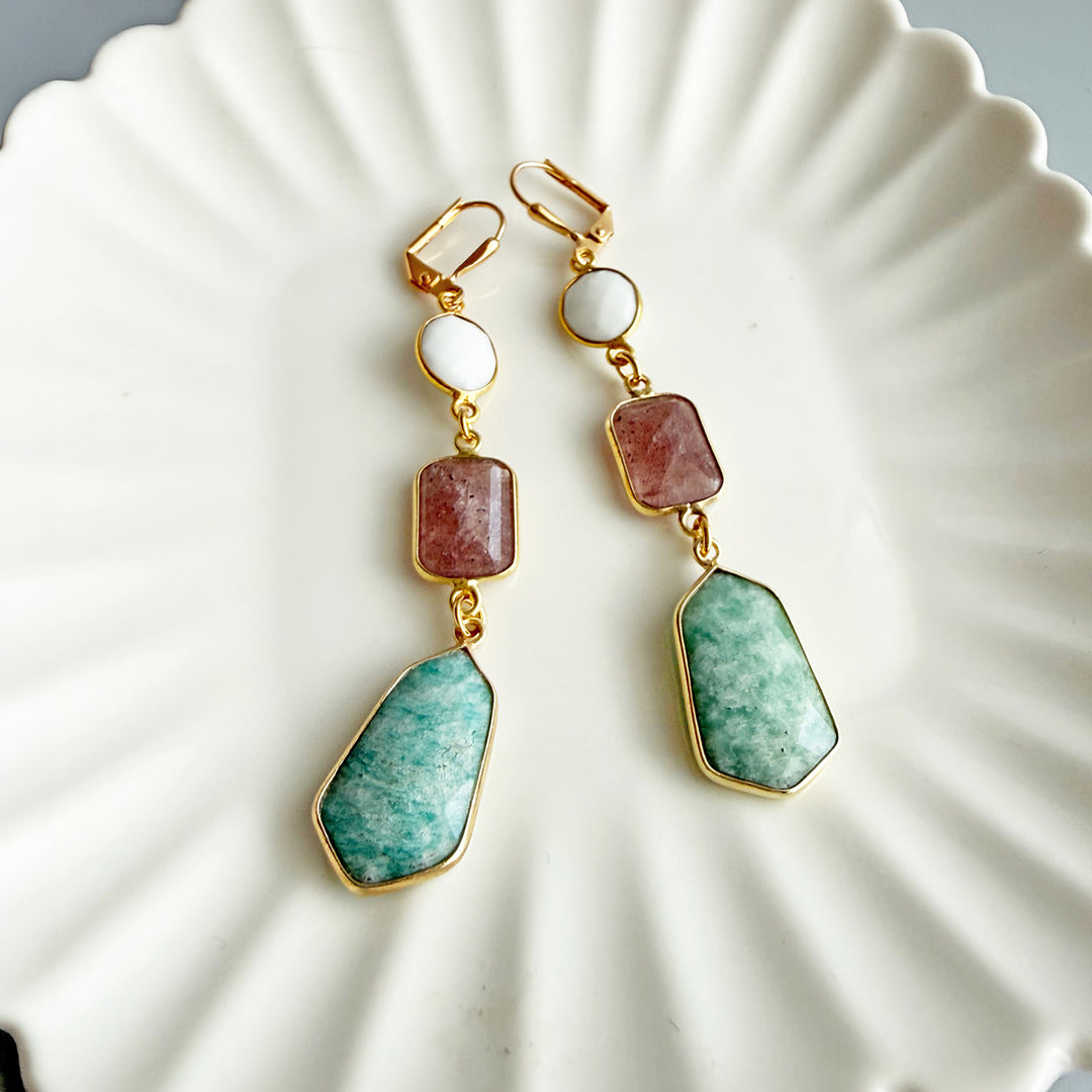 Amazonite, Strawberry Quartz & White Agate Gemstone Drop Earrings in Gold