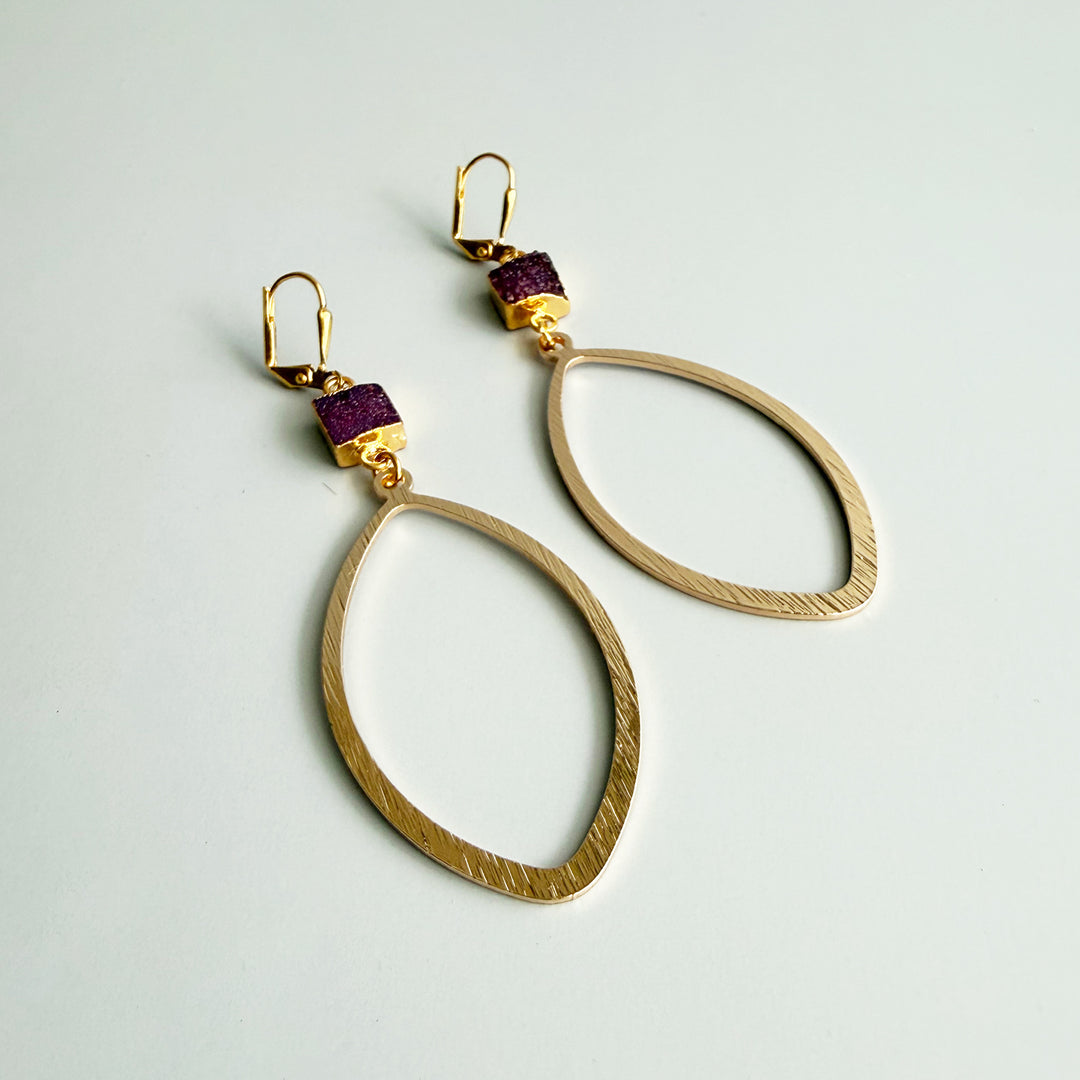 Burgundy Druzy Marquise Earrings in Brushed Gold