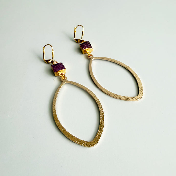 Burgundy Druzy Marquise Earrings in Brushed Gold