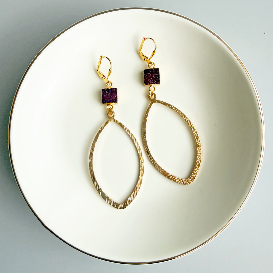 Burgundy Druzy Marquise Earrings in Brushed Gold