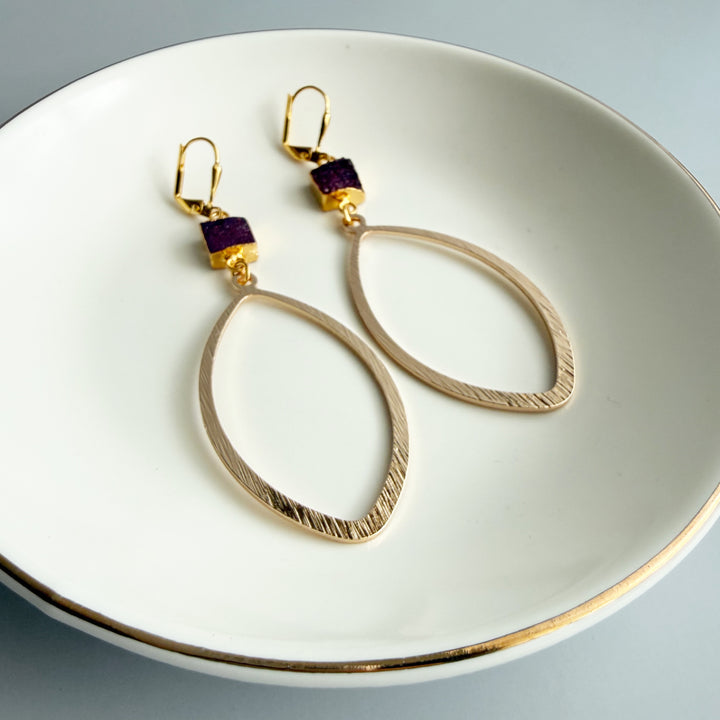 Burgundy Druzy Marquise Earrings in Brushed Gold