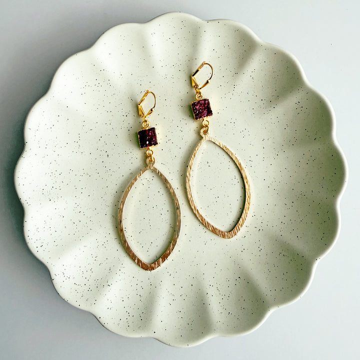 Burgundy Druzy Marquise Earrings in Brushed Gold