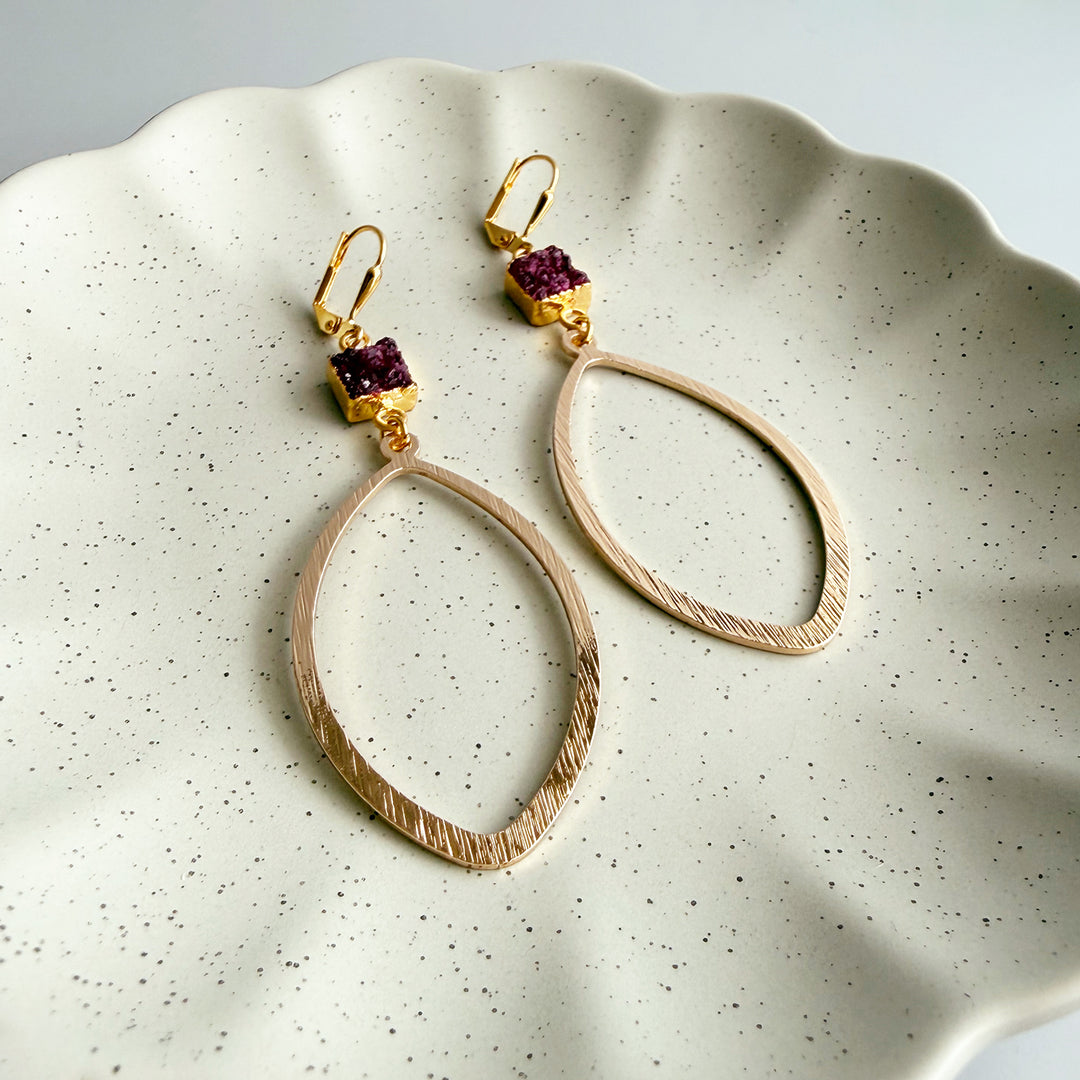 Burgundy Druzy Marquise Earrings in Brushed Gold