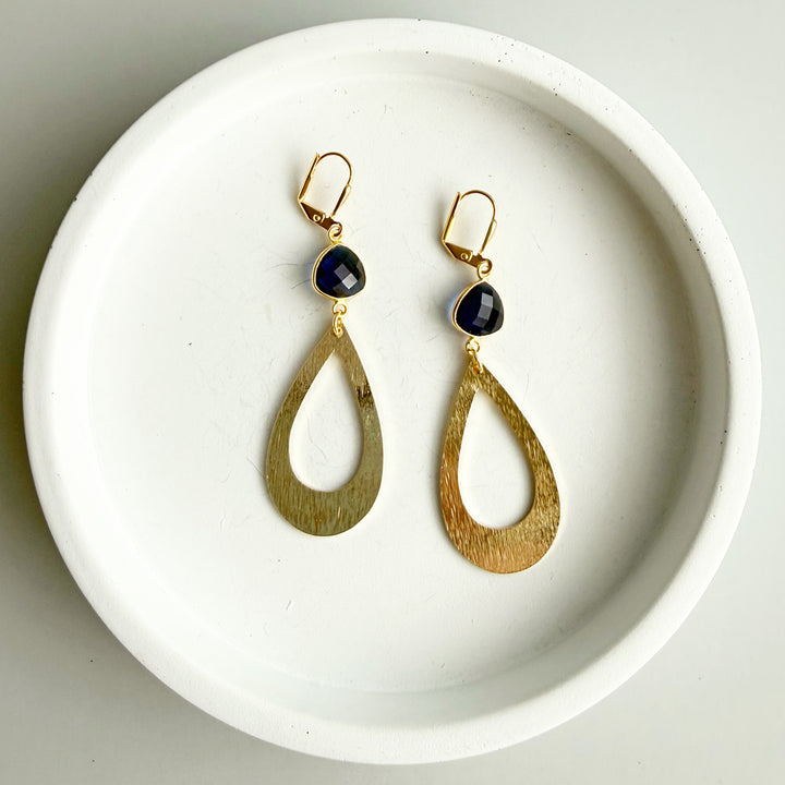 Iolite Quartz Teardrop Earrings in Brushed Gold