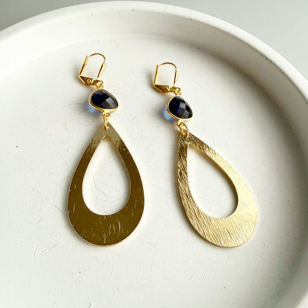 Iolite Quartz Teardrop Earrings in Brushed Gold
