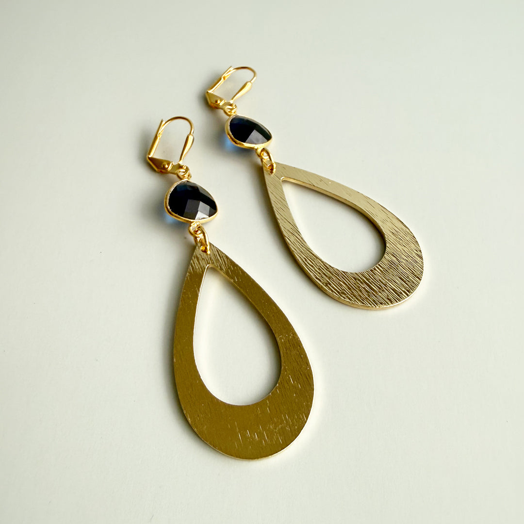Iolite Quartz Teardrop Earrings in Brushed Gold