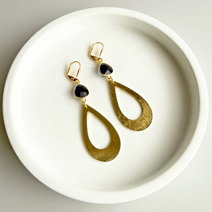 Iolite Quartz Teardrop Earrings in Brushed Gold