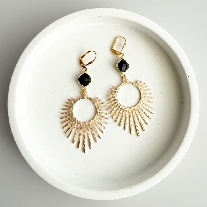 Black Onyx Sunburst Statement Earrings in Brushed Gold