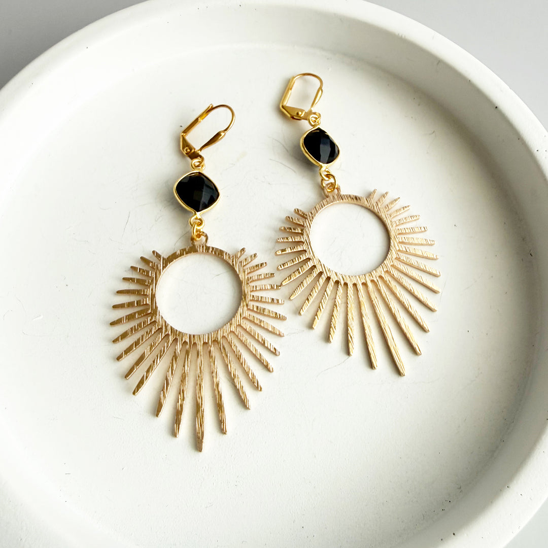 Black Onyx Sunburst Statement Earrings in Brushed Gold