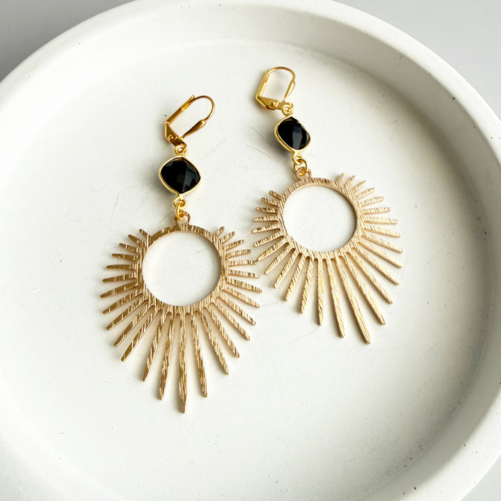 Black Onyx Sunburst Statement Earrings in Brushed Gold