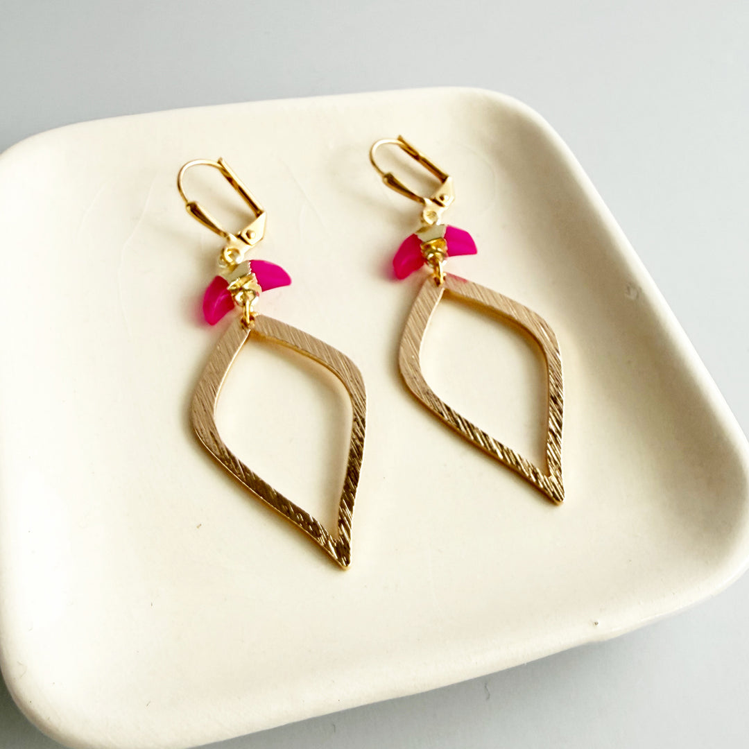 Fuchsia Crescent Halo Dangle Earrings in Brushed Gold